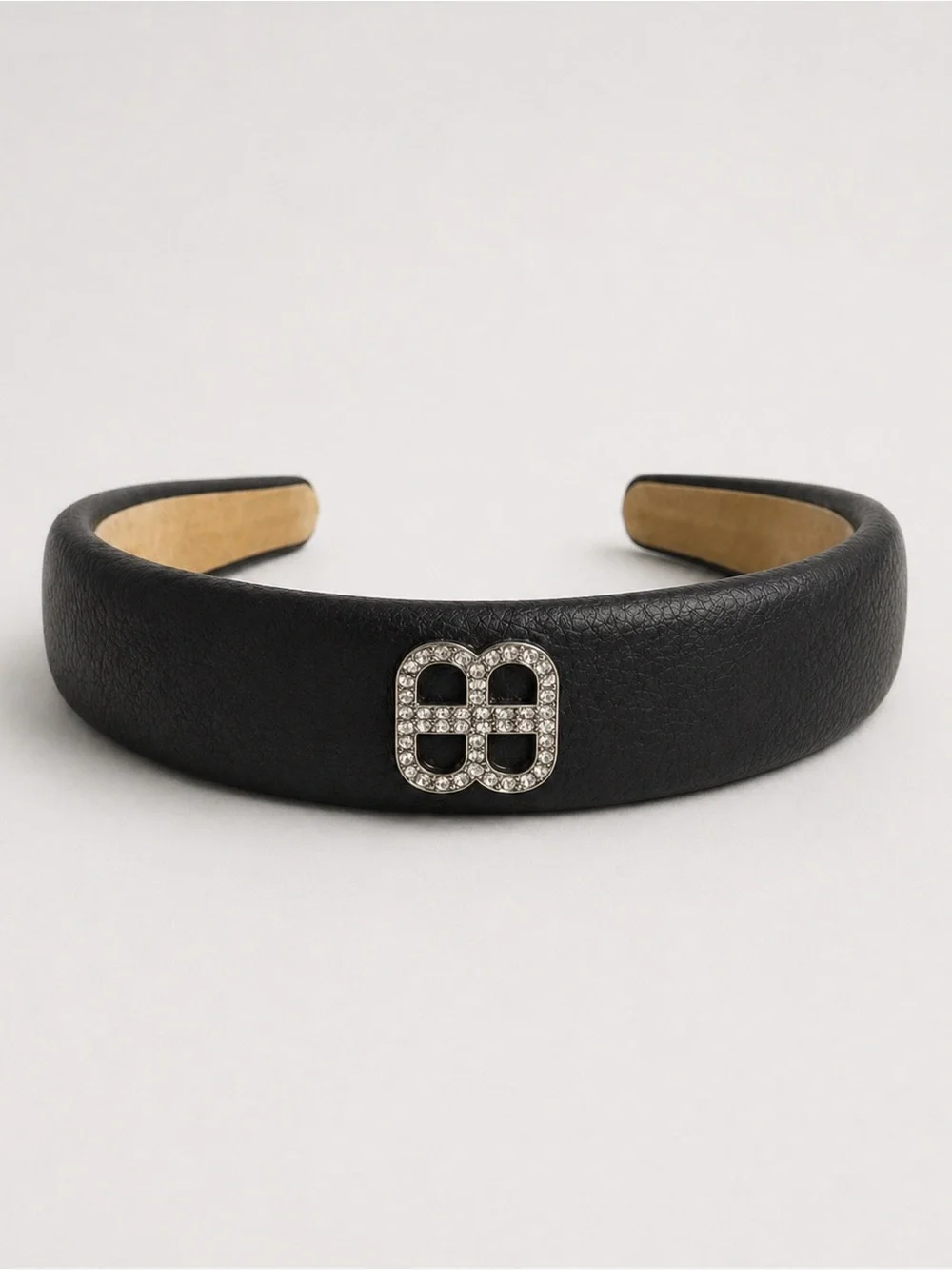 Balenciaga Black Leather Padded Headband with Crystal BB Emblem
